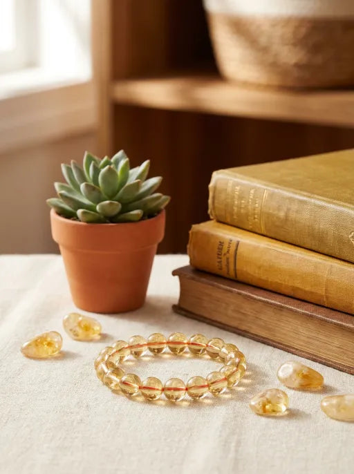 Natural Citrine Bracelet by Crystal Lumina | Genuine Yellow Quartz Round Bead Jewelry | Wealth & Success Healing Stone Gift