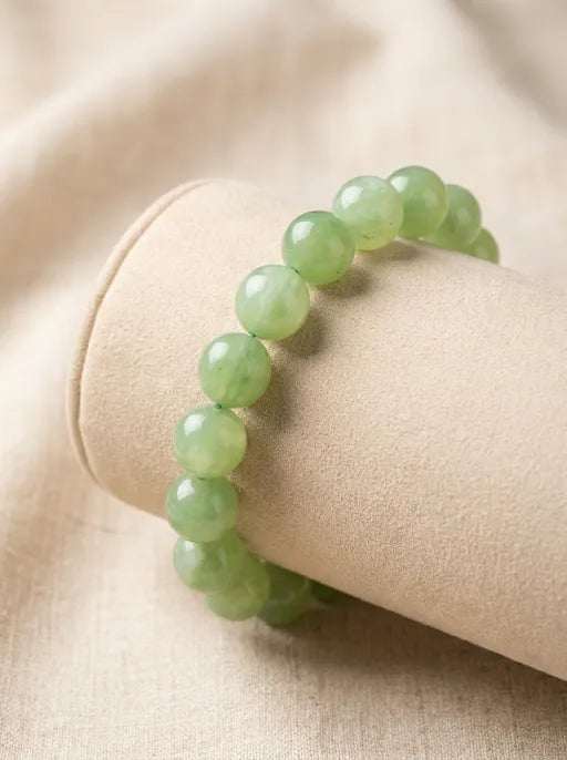 Natural Xiuyan Jade Round Bead Bracelet by Crystal Lumina | Genuine Translucent Green Serpentine | Calming Protection & Prosperity Gift