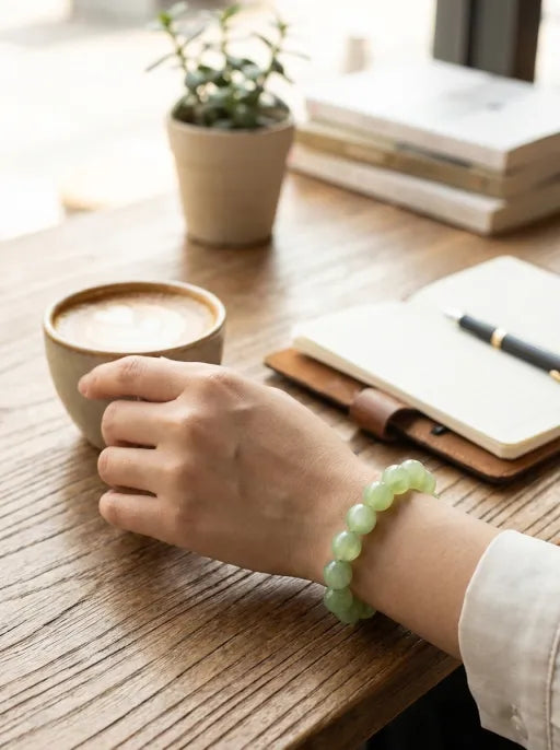 Natural Xiuyan Jade Round Bead Bracelet by Crystal Lumina | Genuine Translucent Green Serpentine | Calming Protection & Prosperity Gift