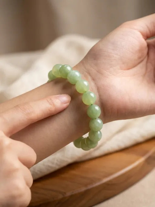 Natural Xiuyan Jade Round Bead Bracelet by Crystal Lumina | Genuine Translucent Green Serpentine | Calming Protection & Prosperity Gift