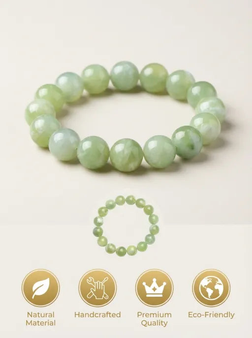 Natural Xiuyan Jade Round Bead Bracelet by Crystal Lumina | Genuine Translucent Green Serpentine | Calming Protection & Prosperity Gift