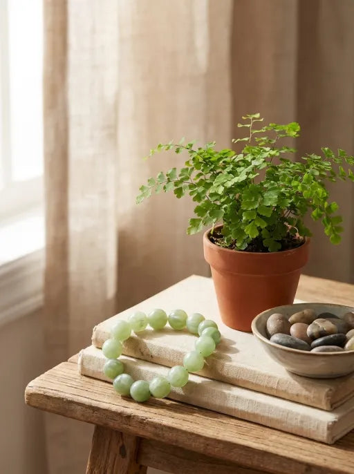 Natural Xiuyan Jade Round Bead Bracelet by Crystal Lumina | Genuine Translucent Green Serpentine | Calming Protection & Prosperity Gift