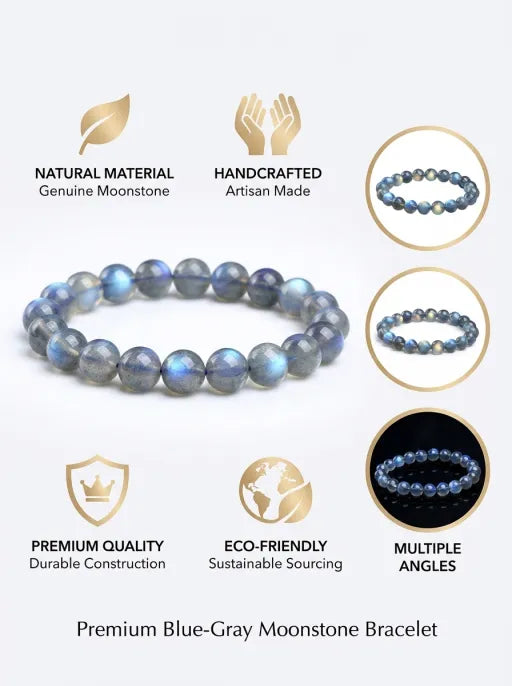 Natural Gray Moonstone Beaded Bracelet by Crystal Lumina | Genuine Blue Sheen Flash | Intuition & New Beginnings Healing Gift