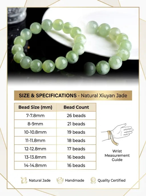 Natural Xiuyan Jade Round Bead Bracelet by Crystal Lumina | Genuine Translucent Green Serpentine | Calming Protection & Prosperity Gift