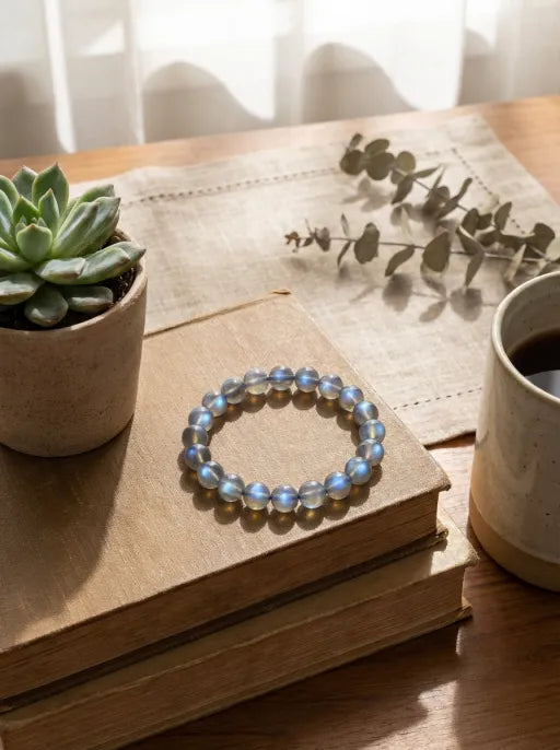 Natural Gray Moonstone Beaded Bracelet by Crystal Lumina | Genuine Blue Sheen Flash | Intuition & New Beginnings Healing Gift