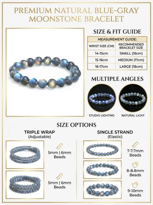 Natural Gray Moonstone Beaded Bracelet by Crystal Lumina | Genuine Blue Sheen Flash | Intuition & New Beginnings Healing Gift