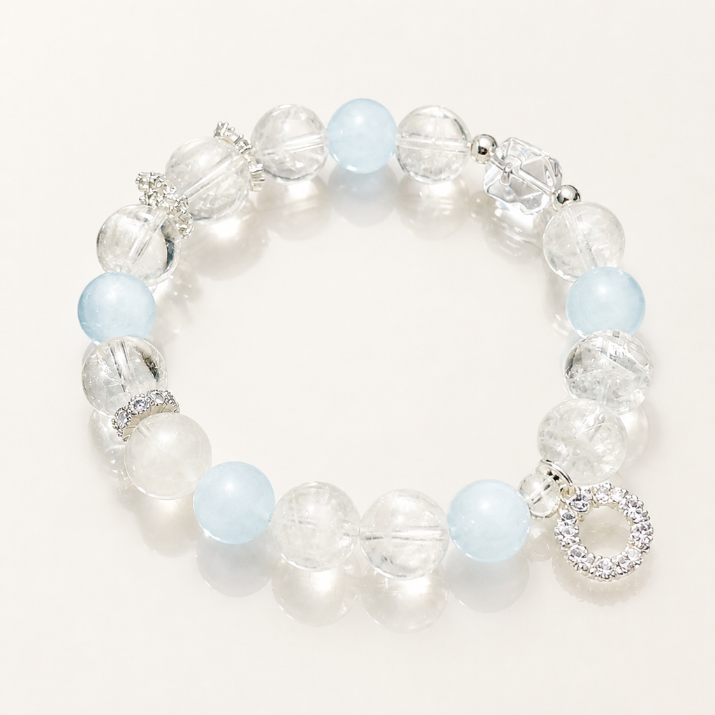 Crystal Lumina Natural Aquamarine & White Phantom Quartz Bracelet – 10mm Genuine Crystal Beads | Serenity, Clarity & Inner Strength Jewelry by Crystal Lumina