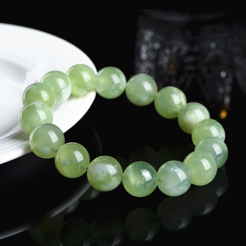 Natural Xiuyan Jade Round Bead Bracelet by Crystal Lumina | Genuine Translucent Green Serpentine | Calming Protection & Prosperity Gift