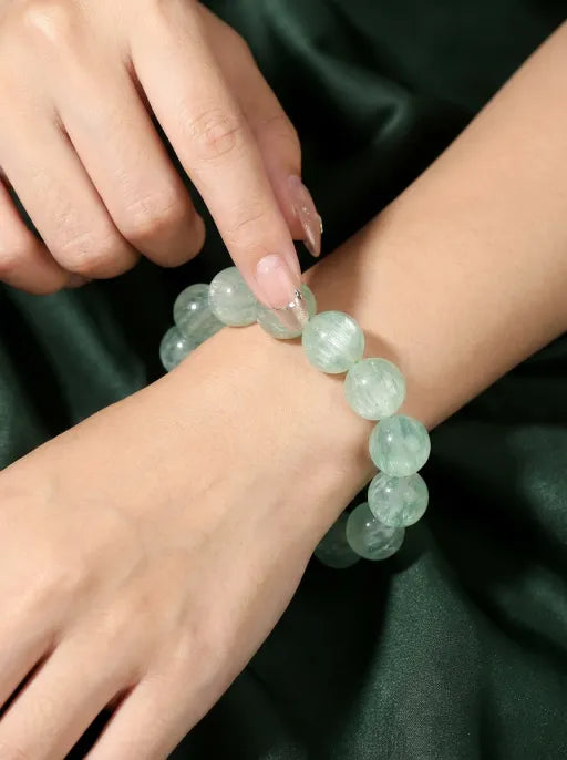 Crystal Lumina™ Natural Mint Green Rabbit Hair Fluorite Bracelet - Healing Energy Round Bead Jewelry