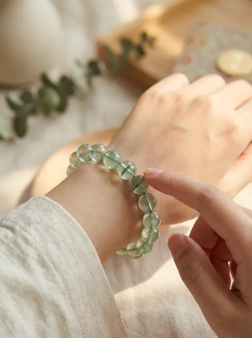 Natural Green Phantom Quartz Beaded Bracelet by Crystal Lumina | Genuine Chlorite Inclusion Ghost Crystal | Wealth & Success Healing Gift