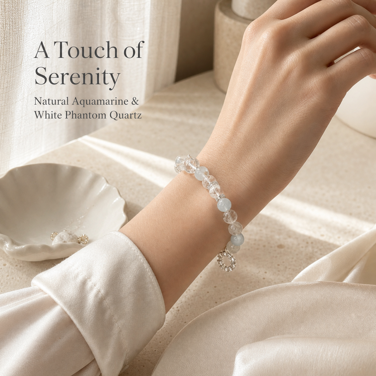 Crystal Lumina Natural Aquamarine & White Phantom Quartz Bracelet – 10mm Genuine Crystal Beads | Serenity, Clarity & Inner Strength Jewelry by Crystal Lumina
