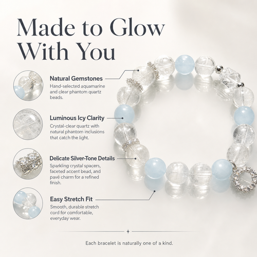 Crystal Lumina Natural Aquamarine & White Phantom Quartz Bracelet – 10mm Genuine Crystal Beads | Serenity, Clarity & Inner Strength Jewelry by Crystal Lumina