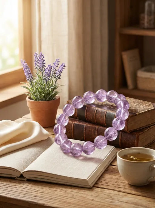 Natural Lavender Amethyst Round Bead Bracelet by Crystal Lumina | Translucent Purple Quartz | Calm & Clarity Healing Stone Gift