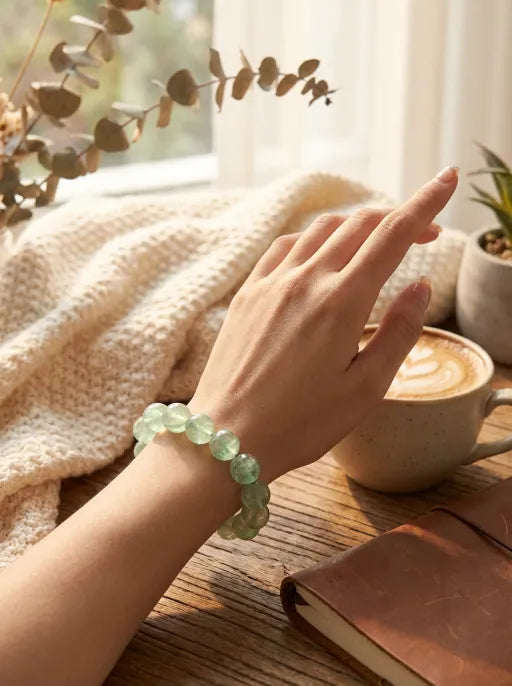 Crystal Lumina™ Natural Mint Green Rabbit Hair Fluorite Bracelet - Healing Energy Round Bead Jewelry