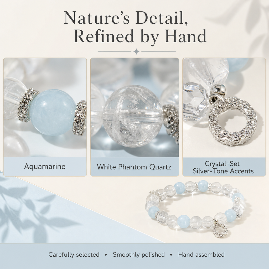 Crystal Lumina Natural Aquamarine & White Phantom Quartz Bracelet – 10mm Genuine Crystal Beads | Serenity, Clarity & Inner Strength Jewelry by Crystal Lumina