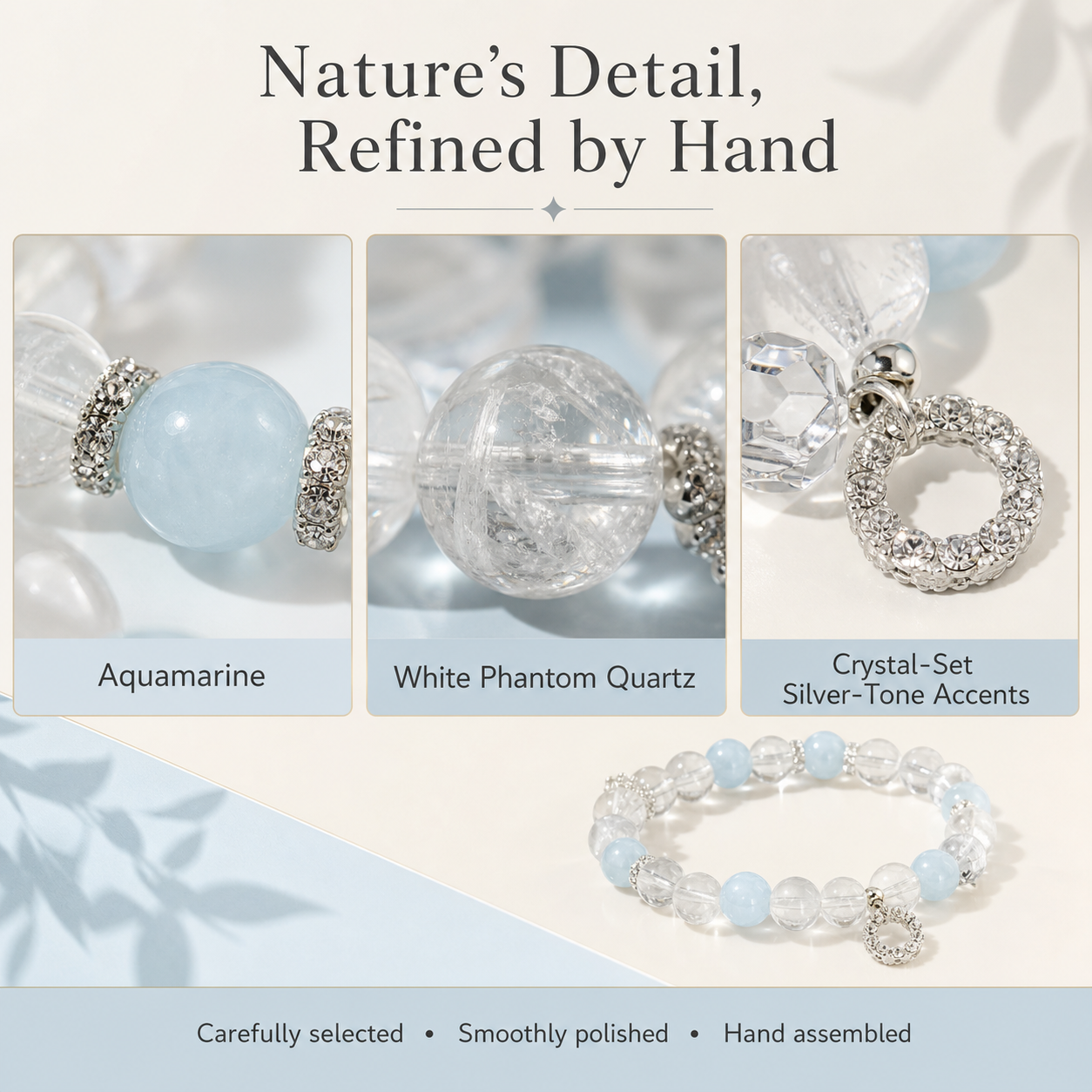 Crystal Lumina Natural Aquamarine & White Phantom Quartz Bracelet – 10mm Genuine Crystal Beads | Serenity, Clarity & Inner Strength Jewelry by Crystal Lumina