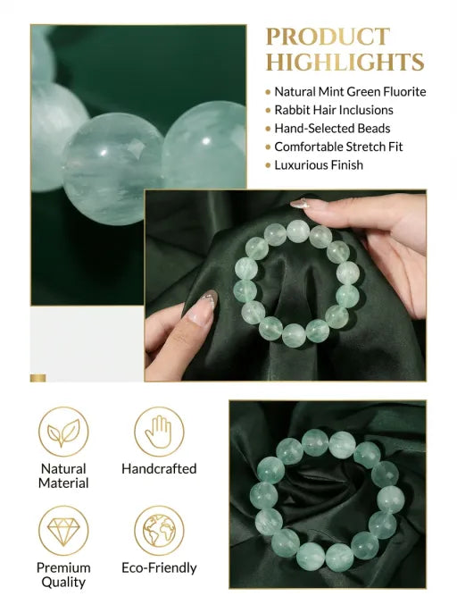 Crystal Lumina™ Natural Mint Green Rabbit Hair Fluorite Bracelet - Healing Energy Round Bead Jewelry