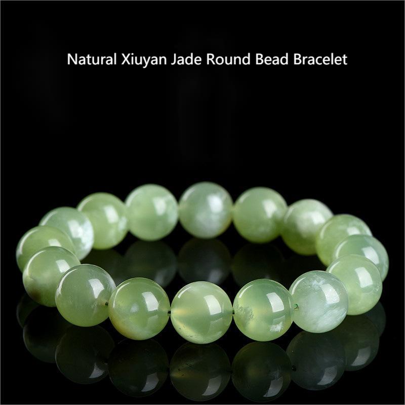 Natural Xiuyan Jade Round Bead Bracelet by Crystal Lumina | Genuine Translucent Green Serpentine | Calming Protection & Prosperity Gift