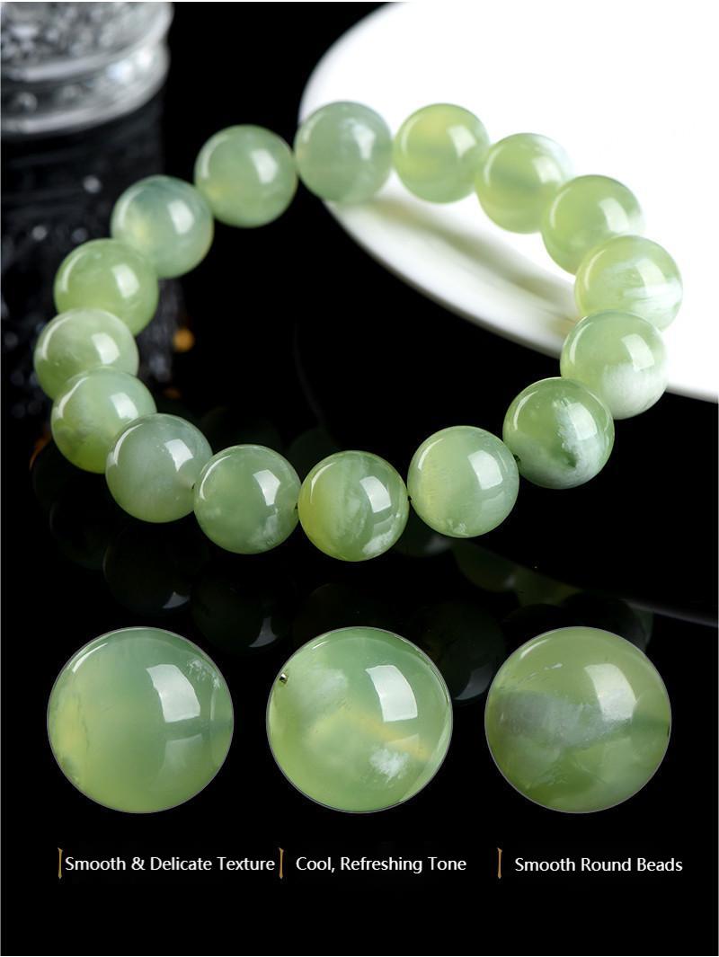 Natural Xiuyan Jade Round Bead Bracelet by Crystal Lumina | Genuine Translucent Green Serpentine | Calming Protection & Prosperity Gift