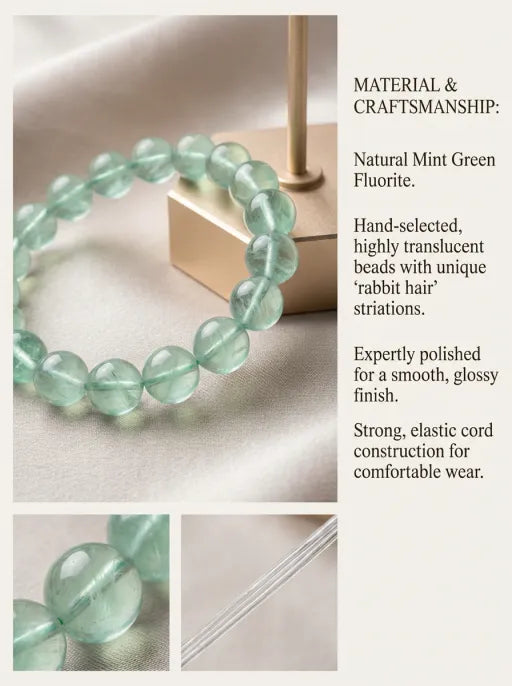 Crystal Lumina™ Natural Mint Green Rabbit Hair Fluorite Bracelet - Healing Energy Round Bead Jewelry