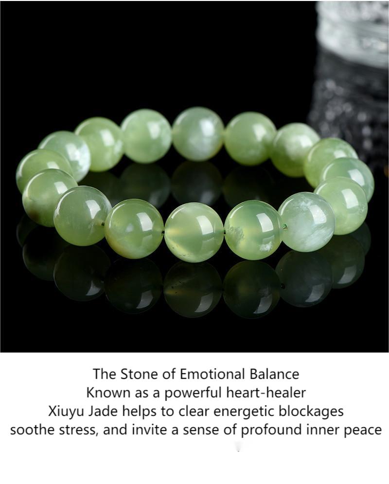 Natural Xiuyan Jade Round Bead Bracelet by Crystal Lumina | Genuine Translucent Green Serpentine | Calming Protection & Prosperity Gift