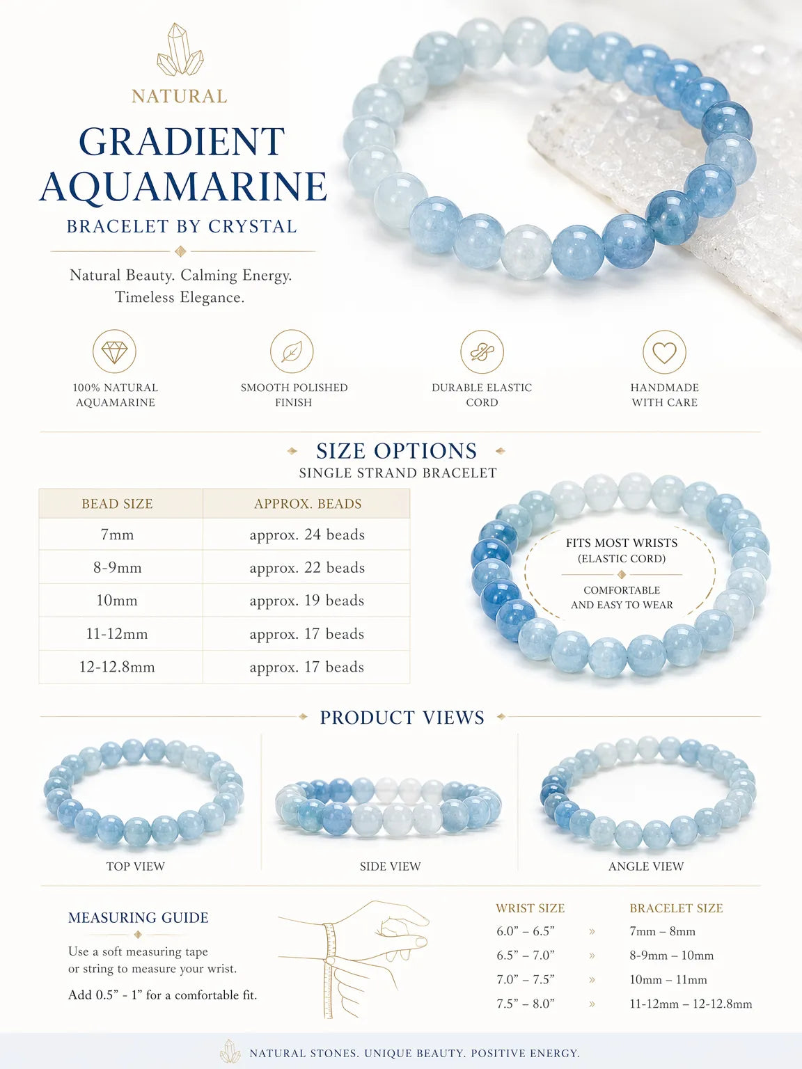 Natural Gradient Aquamarine Bracelet by Crystal Lumina | High-Clarity Ice-Grade Blue Beryl | Calm & Serenity Statement Gift