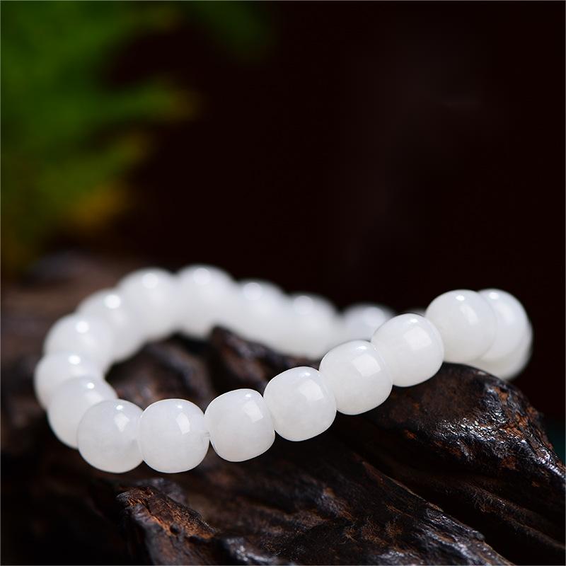 Genuine Hetian White Jade Bracelet by Crystal Lumina | Natural Nephrite Jade Round & Barrel Beads | Calm & Longevity Stone Gift