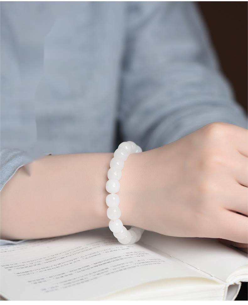 Genuine Hetian White Jade Bracelet by Crystal Lumina | Natural Nephrite Jade Round & Barrel Beads | Calm & Longevity Stone Gift