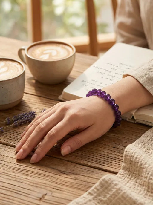 Natural Uruguayan Amethyst Beaded Bracelet by Crystal Lumina | Rare Deep Purple Quartz | Spiritual Healing & Luxury Gift