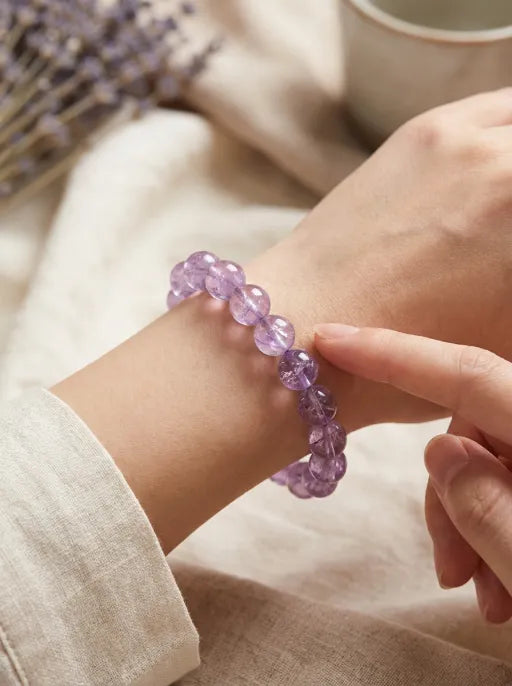 Natural Lavender Amethyst Round Bead Bracelet by Crystal Lumina | Translucent Purple Quartz | Calm & Clarity Healing Stone Gift