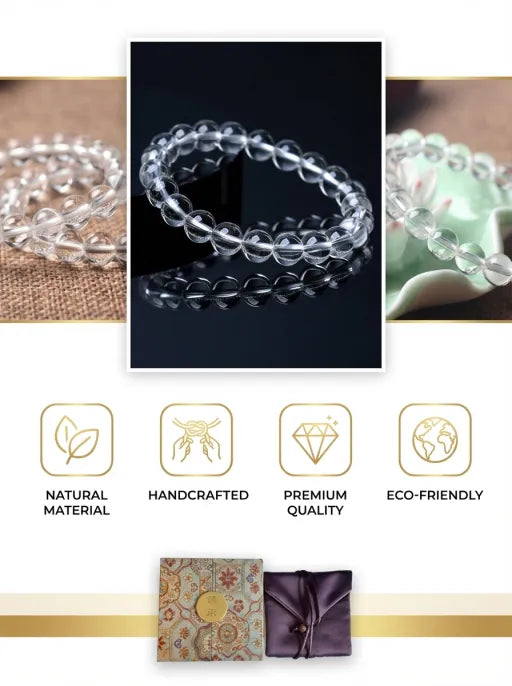 Natural Clear Quartz Round Bead Bracelet by Crystal Lumina | Water-Clear Rock Crystal | Amplifying & Healing Spiritual Gift