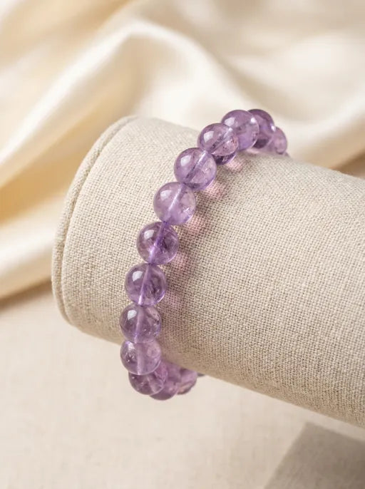 Natural Lavender Amethyst Round Bead Bracelet by Crystal Lumina | Translucent Purple Quartz | Calm & Clarity Healing Stone Gift