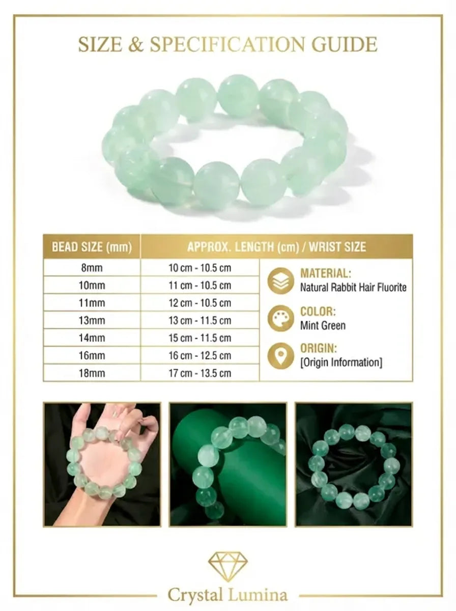 Crystal Lumina™ Natural Mint Green Rabbit Hair Fluorite Bracelet - Healing Energy Round Bead Jewelry